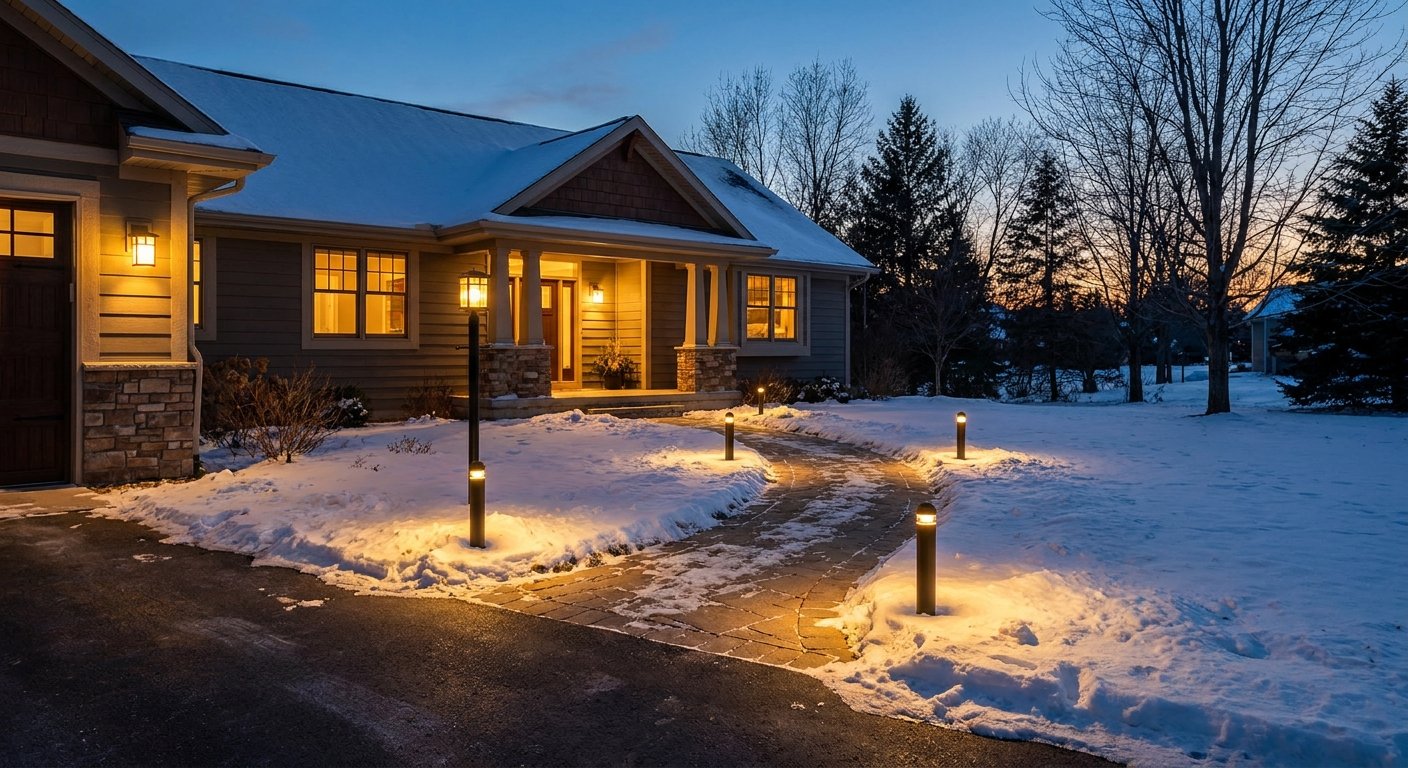 Exterior senior safety lighting upgrade at a Kimberly, WI home showing illuminated walkway path in winter conditions