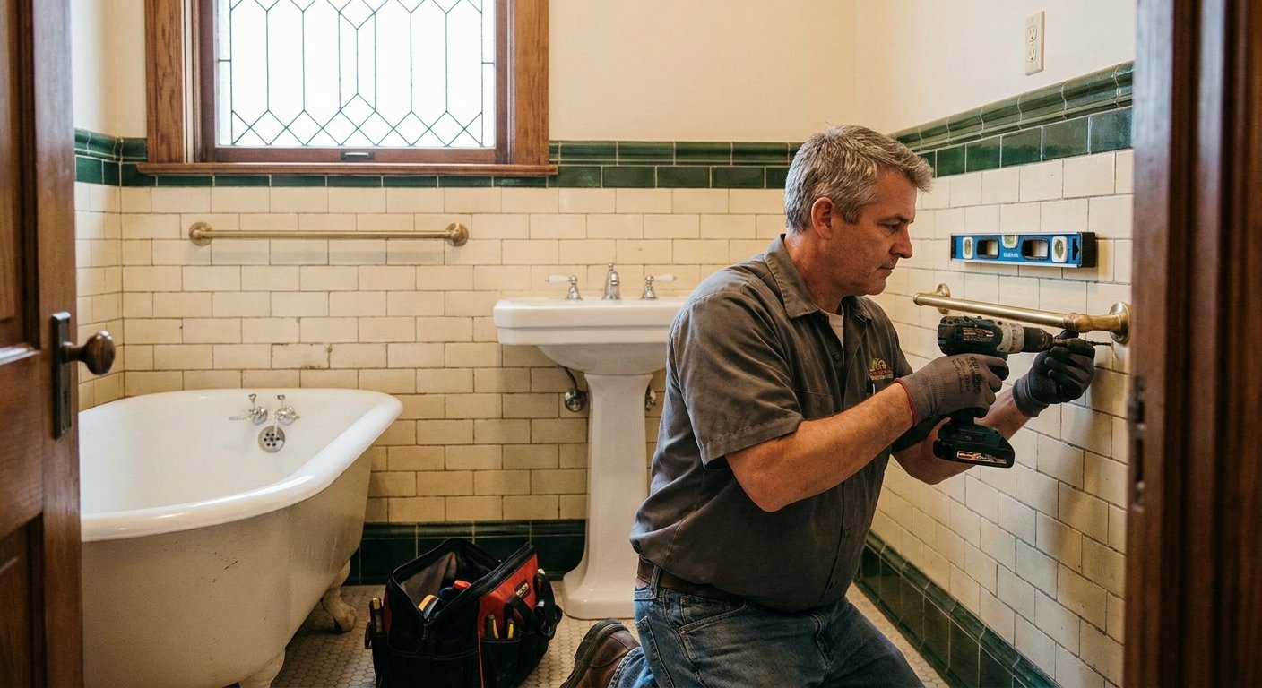 Licensed contractor installing grab bars in a historic home near Paper Mill Run in Kimberly, WI