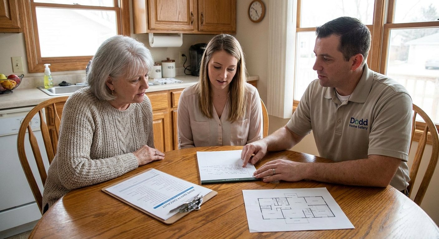 Senior woman and family member reviewing a home safety modification plan with a Dodd Home Safety consultant in Kimberly, WI