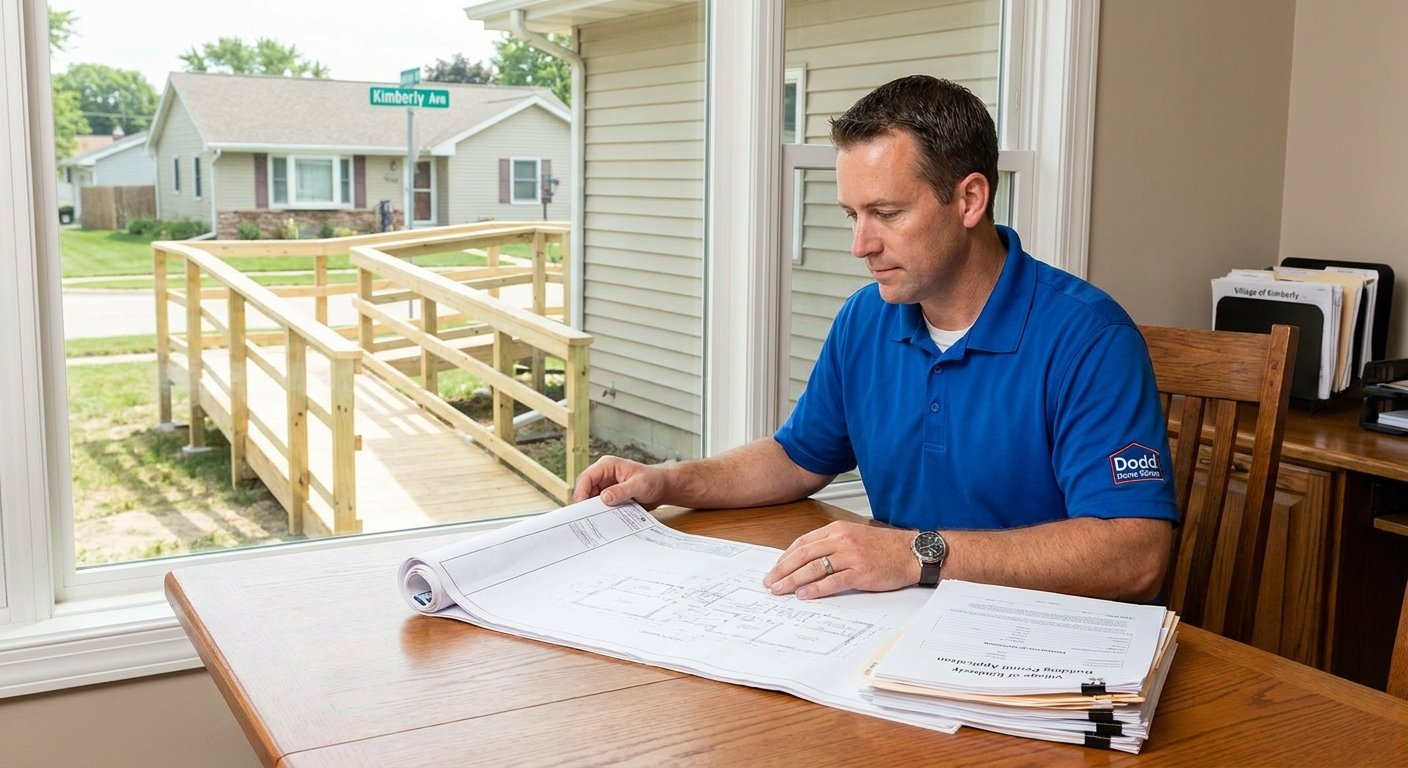Dodd Home Safety contractor reviewing Village of Kimberly building permit documentation for threshold ramp installation