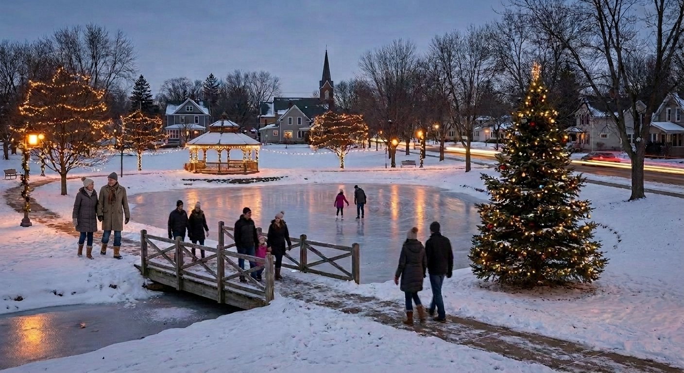 Memorial Park in Kimberly, WI decorated for the annual Christmas at the Pond event, reflecting the community values Dodd Home Safety shares