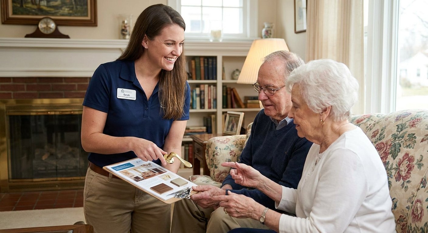 Dodd Home Safety licensed therapist consulting with senior couple about lever handle installation in Kimberly WI home