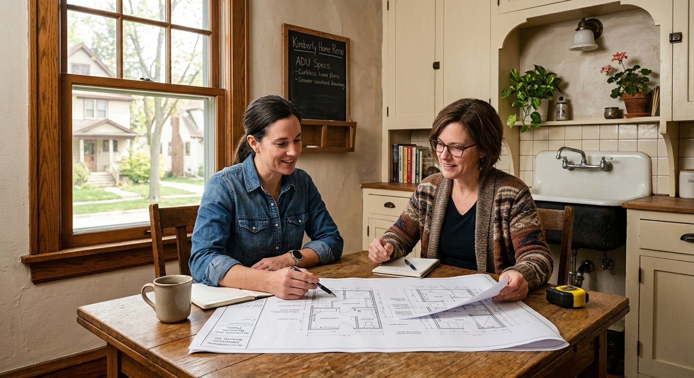 Licensed therapist and contractor reviewing accessible bathroom remodel plans in Kimberly, WI
