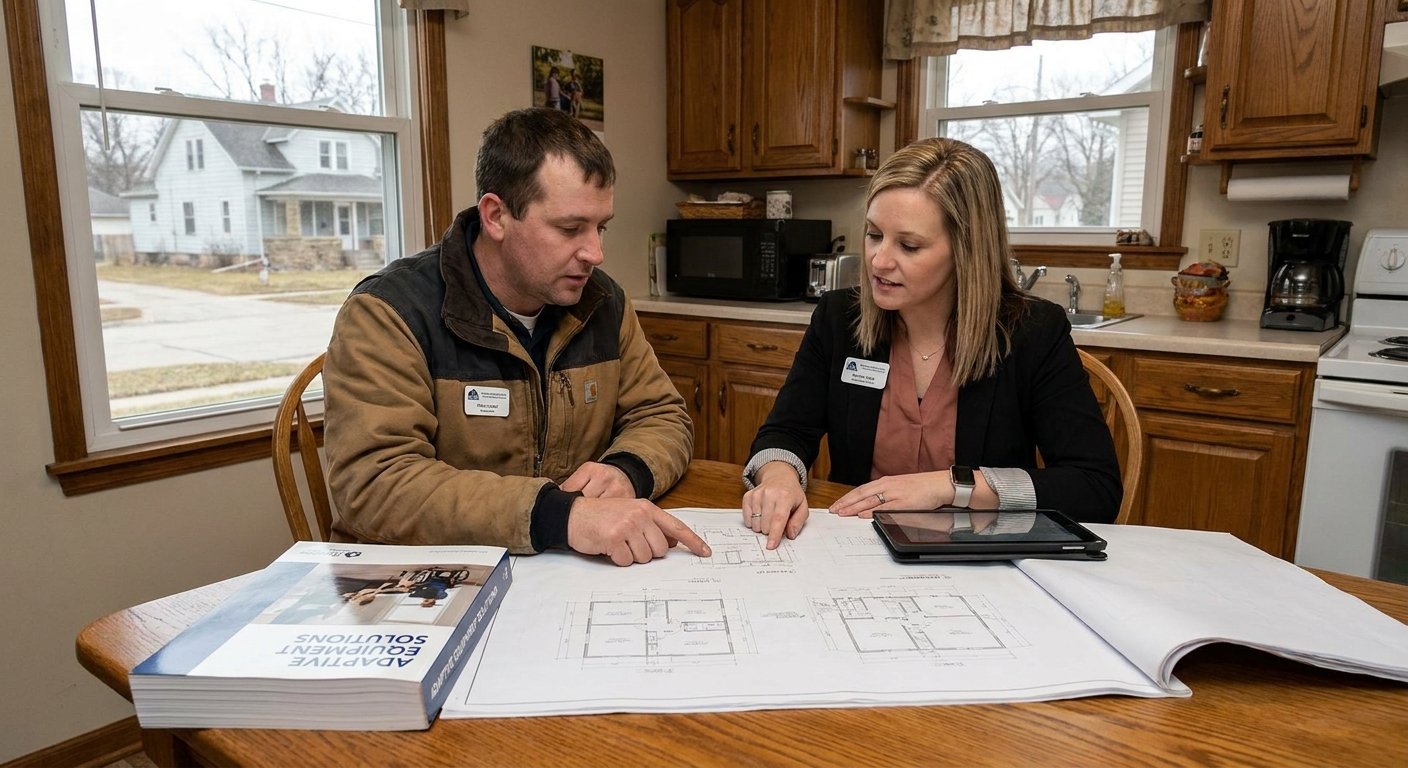 Licensed therapist and licensed contractor reviewing adaptive home safety plan in Kimberly WI residence