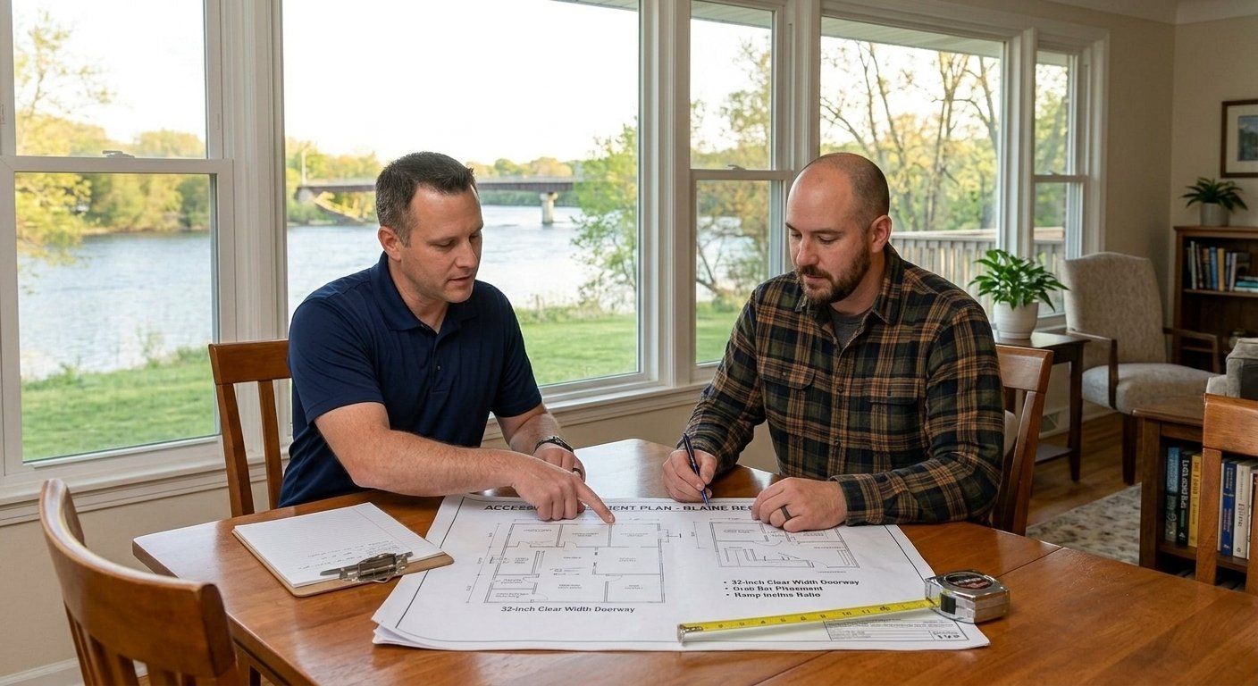 Licensed therapist and contractor reviewing grab bar placement plan in a Kimberly, WI home