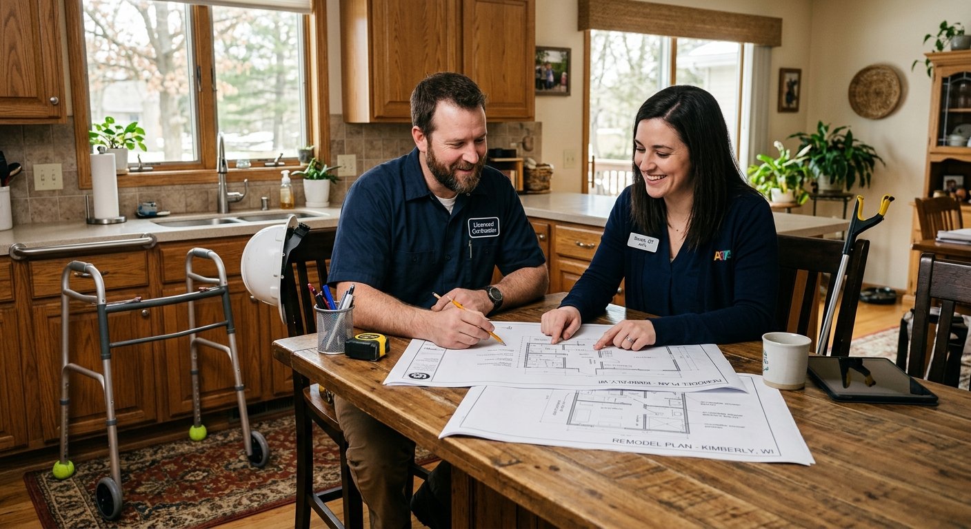 Licensed therapist and contractor reviewing home safety plans in Kimberly, WI