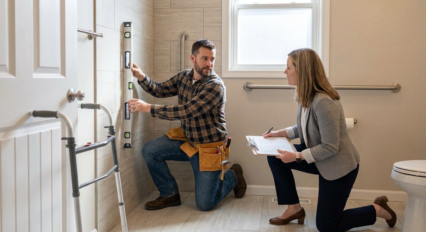 Licensed therapist and licensed contractor conducting a senior fall risk assessment together in a Kimberly, WI bathroom