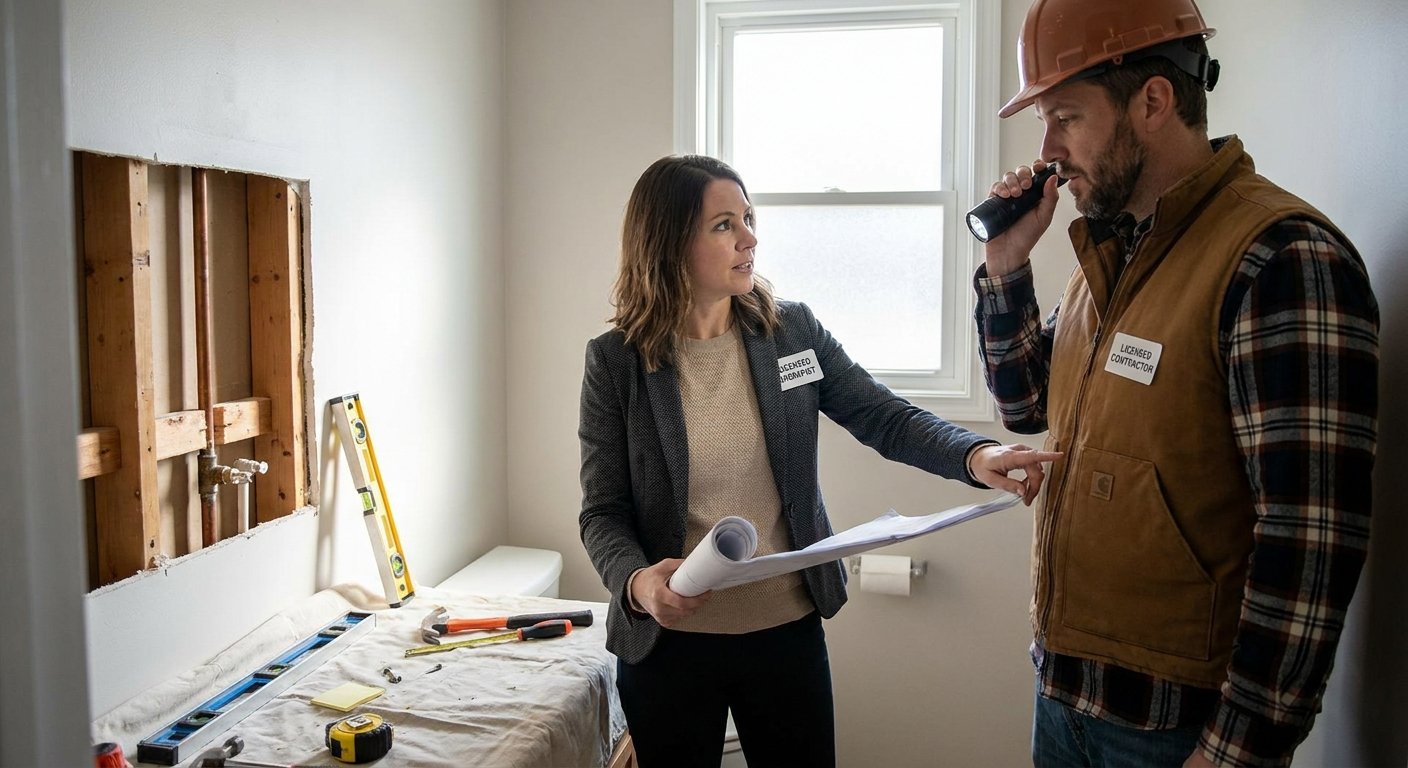 Licensed therapist and licensed contractor reviewing shower bench installation plans in a Kimberly, WI bathroom