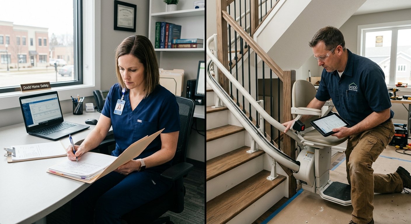 Dodd Home Safety's licensed therapist and licensed contractor owners providing expert stairway mobility solutions in Kimberly, WI