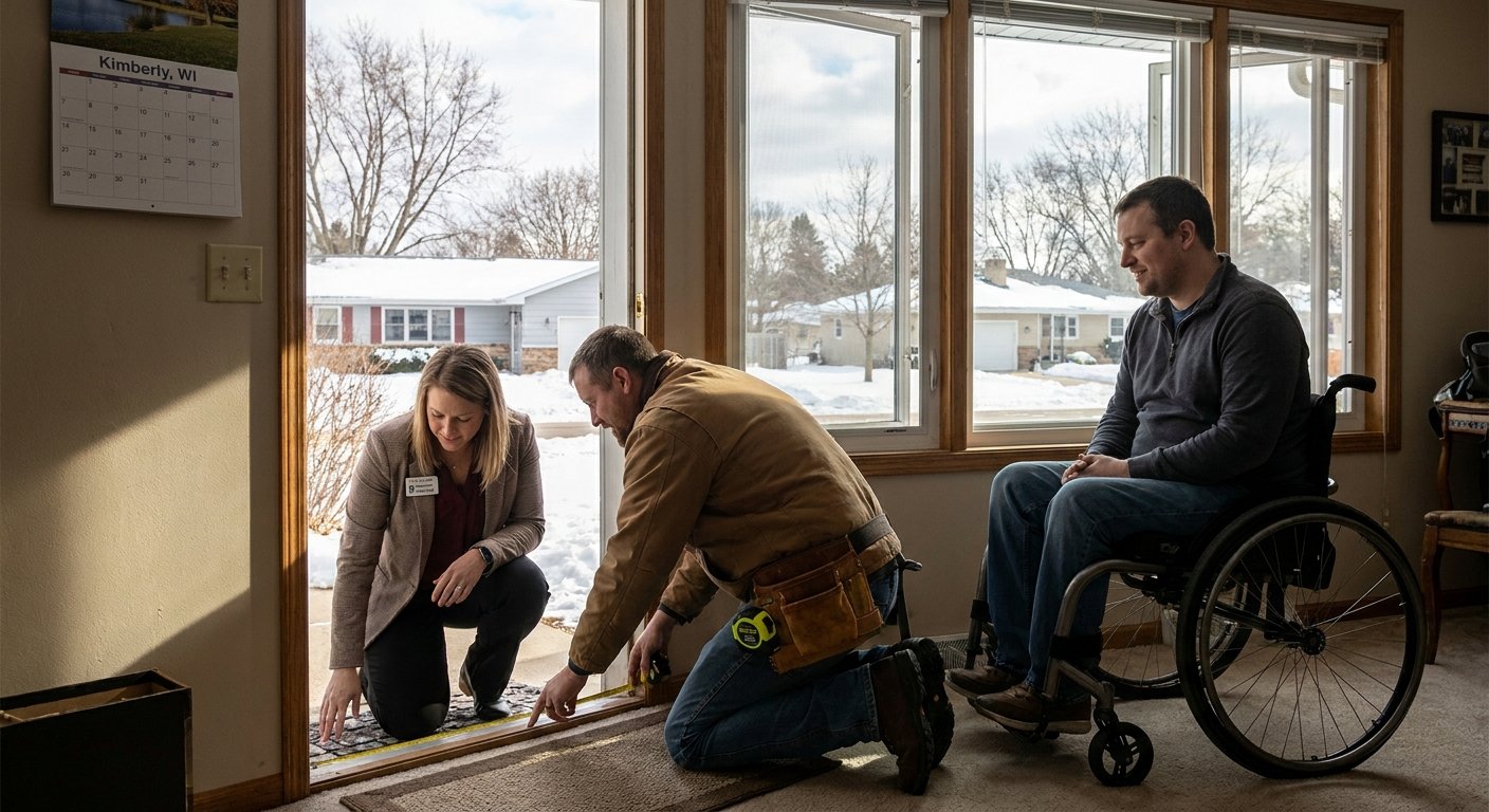 Licensed therapist and contractor assessing doorway for threshold ramp installation in Kimberly WI home