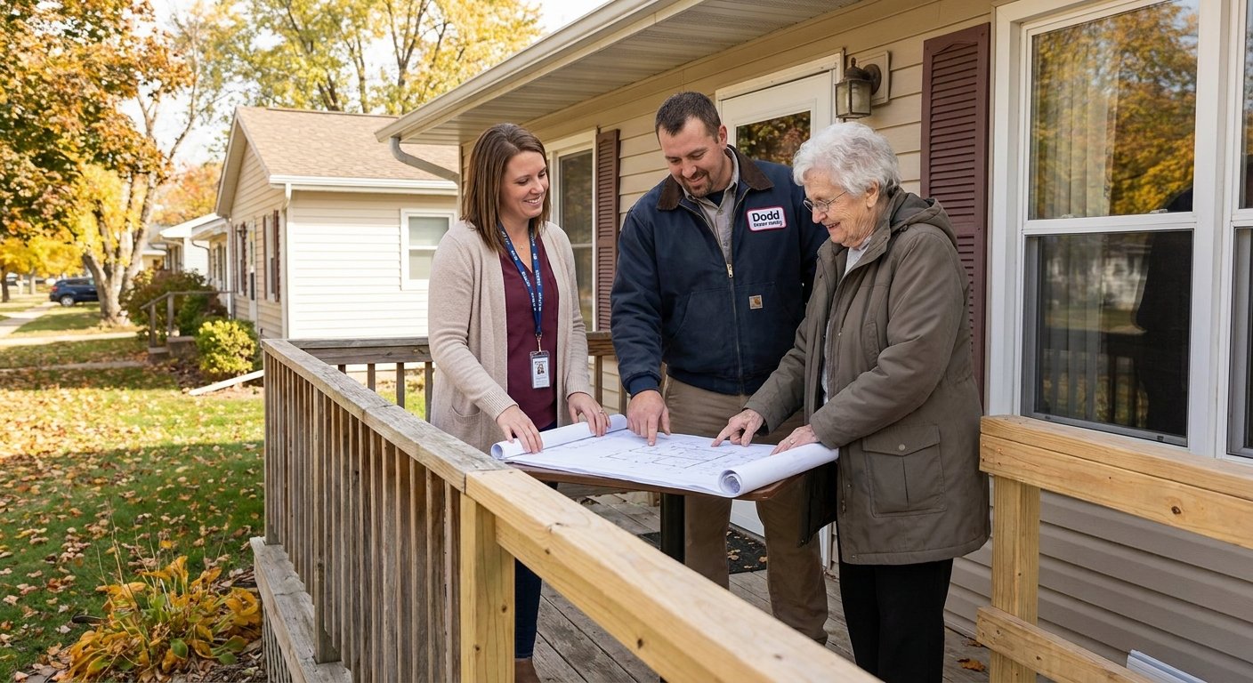 Dodd Home Safety licensed therapist and contractor consulting with senior homeowner about wheelchair ramp installation in Kimberly, WI
