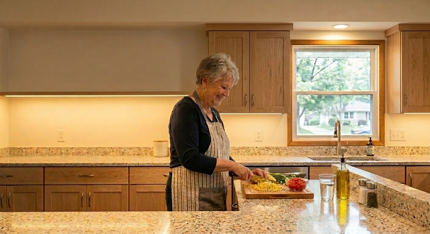 Under-cabinet LED lighting installed for aging in place in a Kimberly, WI kitchen by Dodd Home Safety