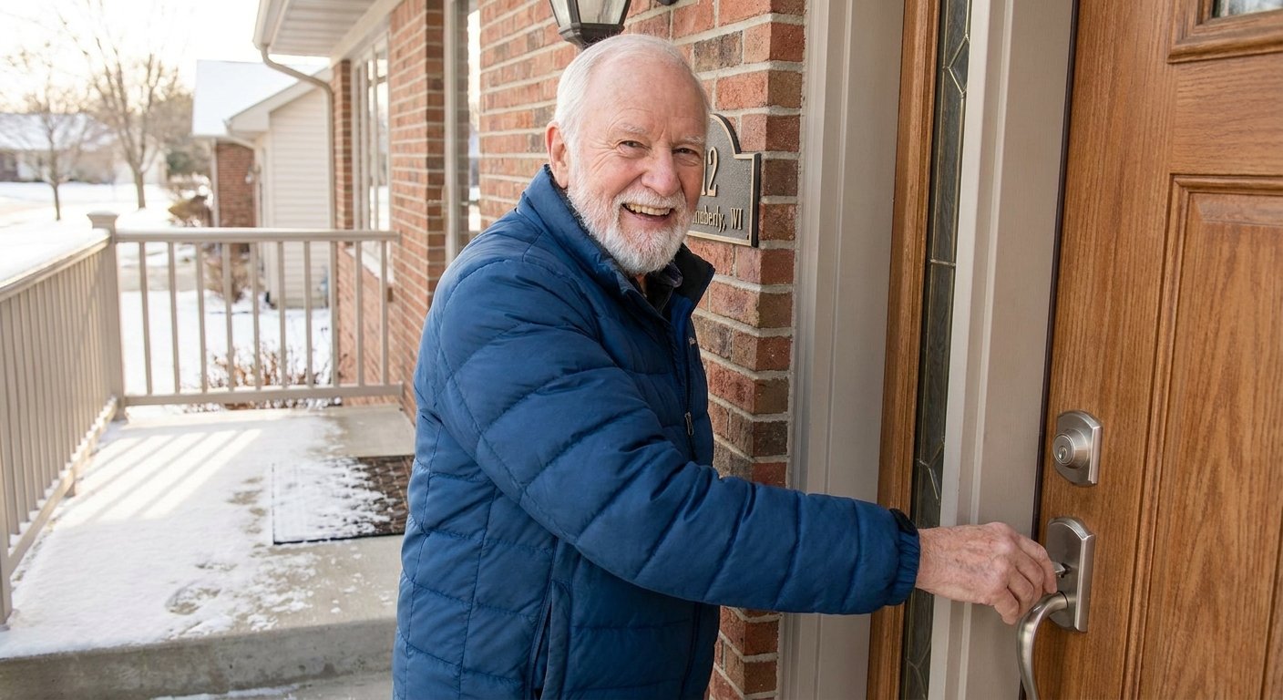Elderly man confidently opening front door with lever handle at Kimberly WI home in winter