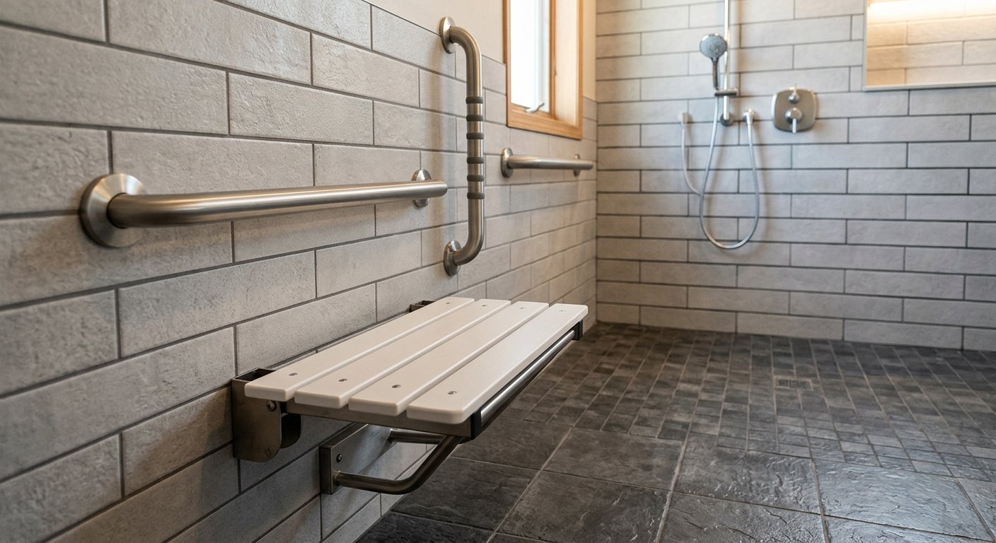 ADA grab bars, fold-down shower seat, and slip-resistant tile installed by Kimberly, WI mobility equipment supplier Dodd Home Safety