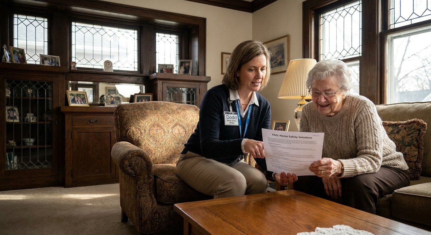 Dodd Home Safety occupational therapist reviewing mobility equipment FAQ with a Kimberly WI senior during an in-home visit