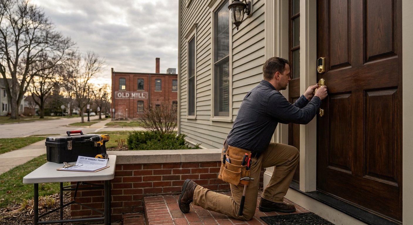 Licensed contractor installing smart lock for elderly resident in Kimberly, WI historic home