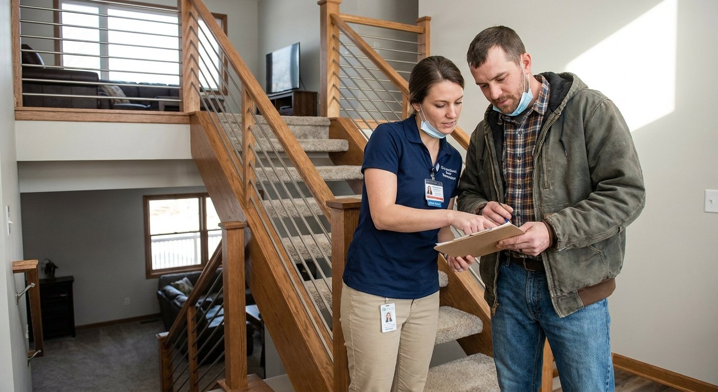 Dodd Home Safety therapist and contractor assessing a split-level staircase inside a Kimberly WI home for specialized mobility solutions
