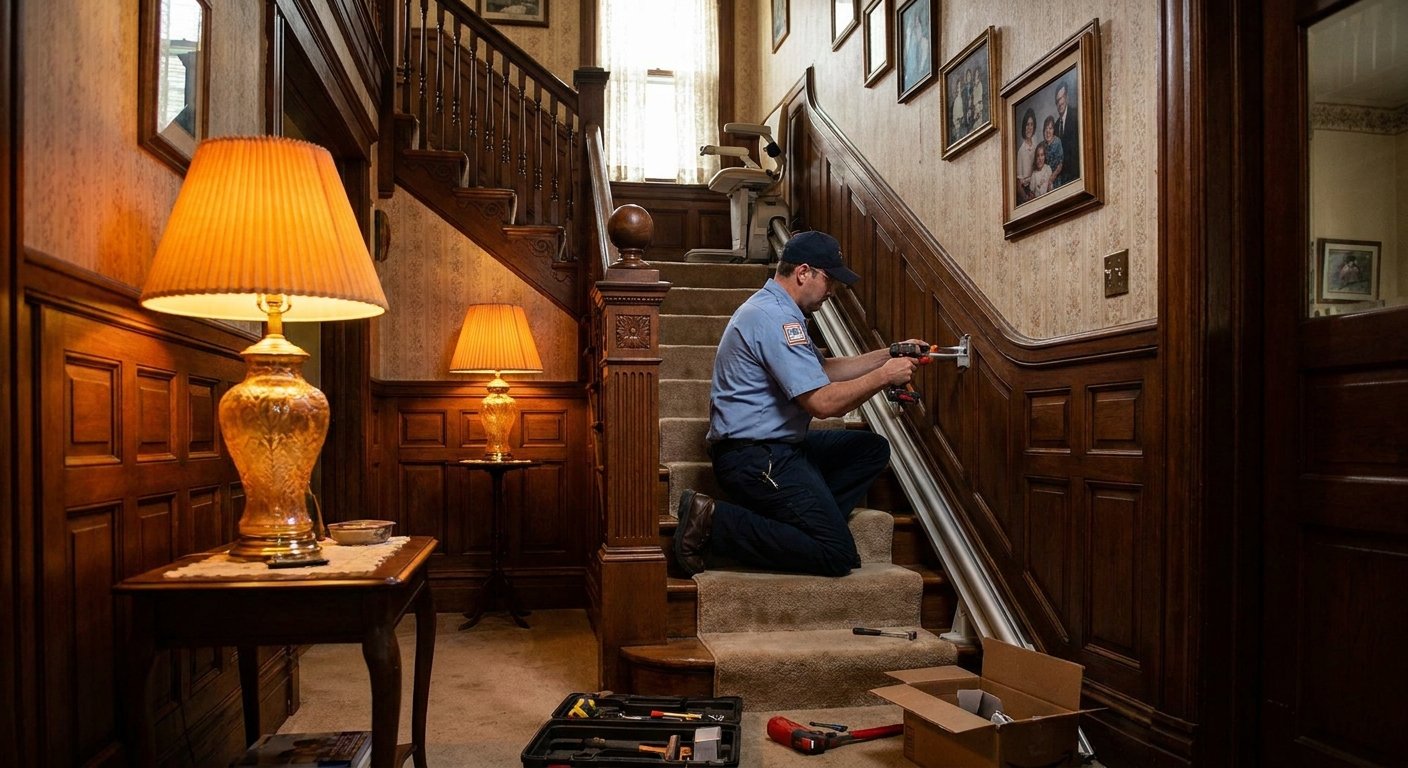 Licensed contractor installing stair lift in older Kimberly WI home as part of mobility equipment supplier services