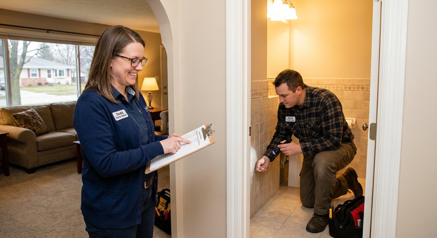 Licensed therapist and contractor from Dodd Home Safety assessing non-slip floor coating needs for seniors in Fox Valley home