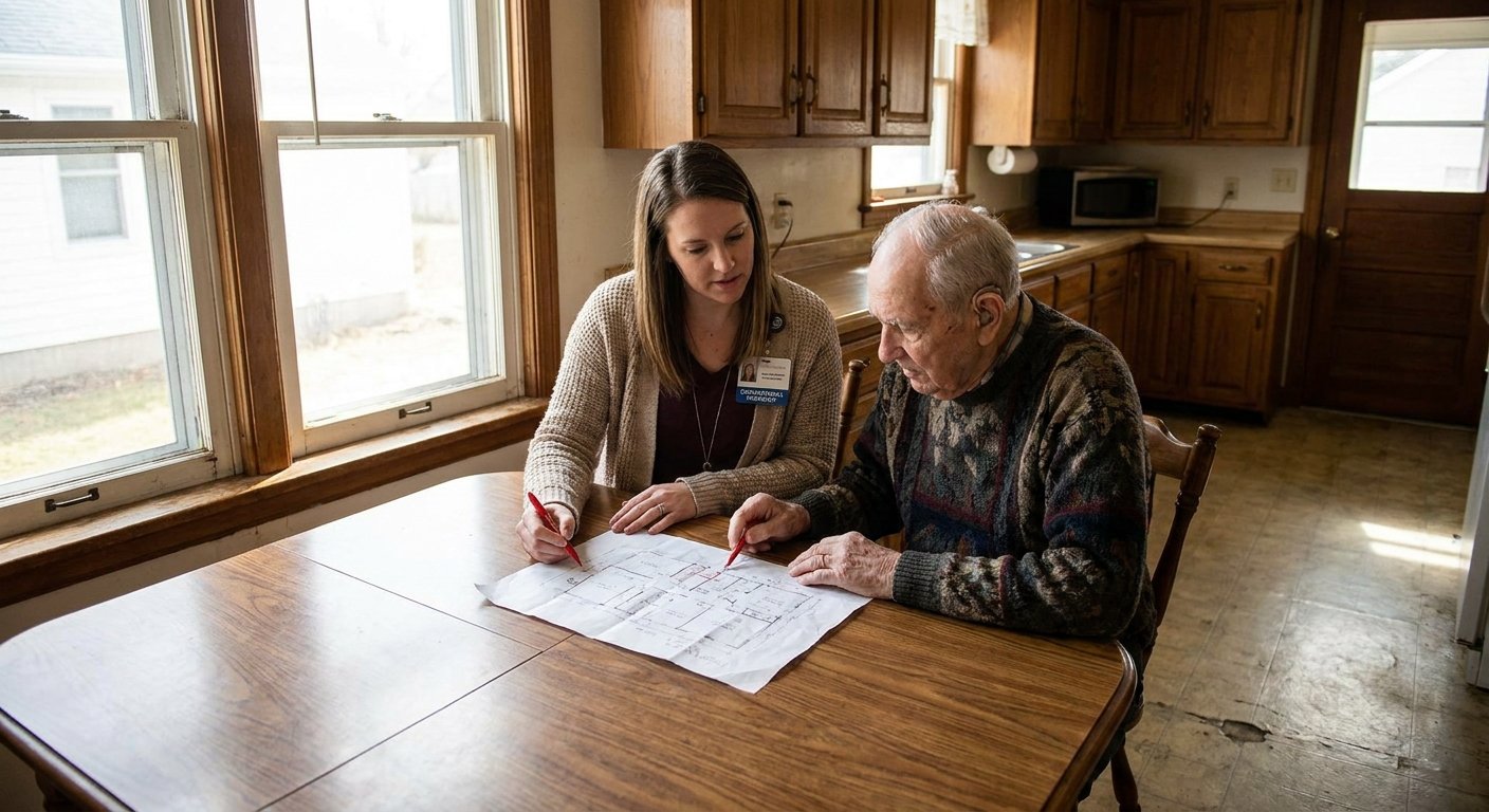 Nationally certified occupational therapist reviewing a home safety floor plan with a Kimberly WI senior — Dodd Home Safety