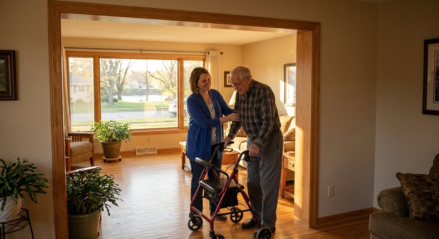 Caregiver helping elderly man with rollator walker through a wider doorway after offset hinge installation near Kimberly, WI