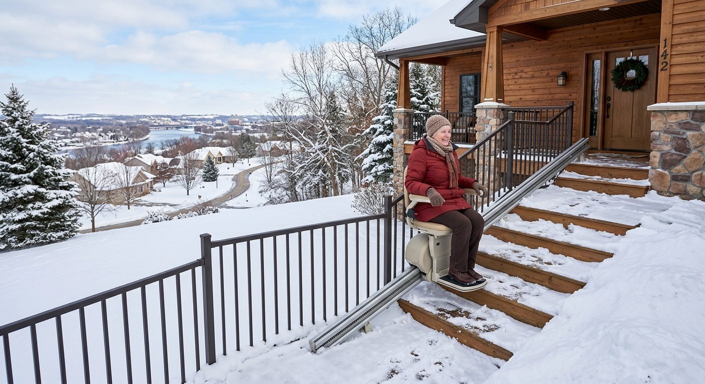 Weatherized outdoor stairlift installed on a Kimberly, WI home's front entry steps during a Wisconsin winter with snow on the ground