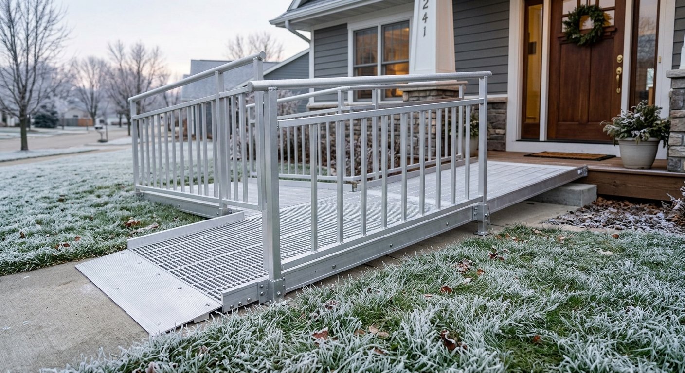Weather-rated outdoor wheelchair ramp installed at a Kimberly WI home entrance for winter safety