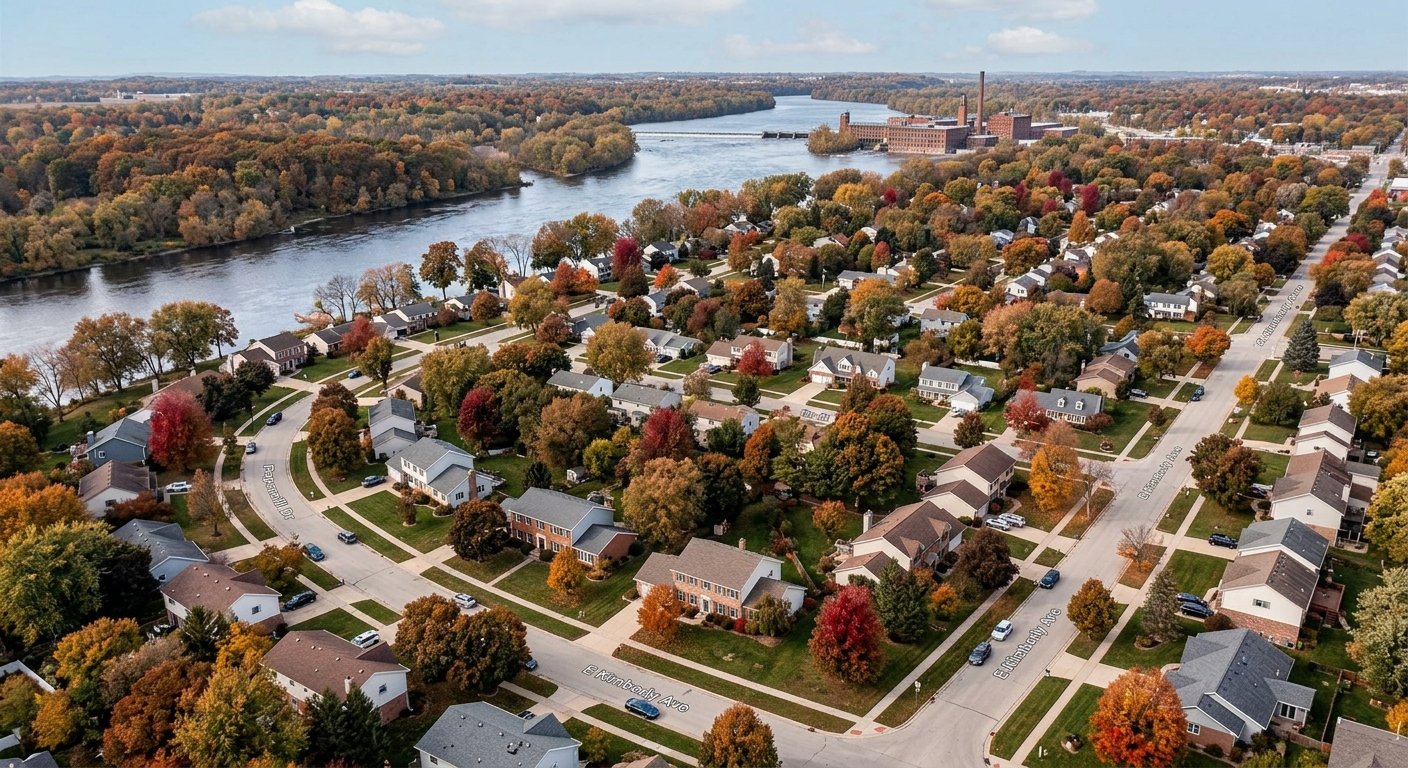 Residential homes in Papermill Estates neighborhood near the Fox River in Kimberly, WI where Dodd Home Safety provides stairway mobility solutions