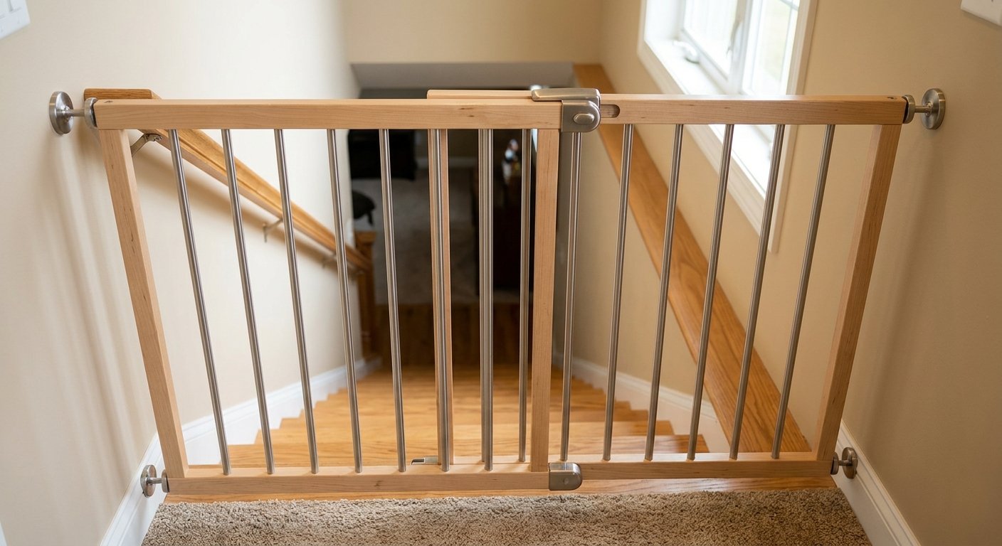Professionally installed hardware-mounted safety gate at the top of stairs in a Kimberly, WI home