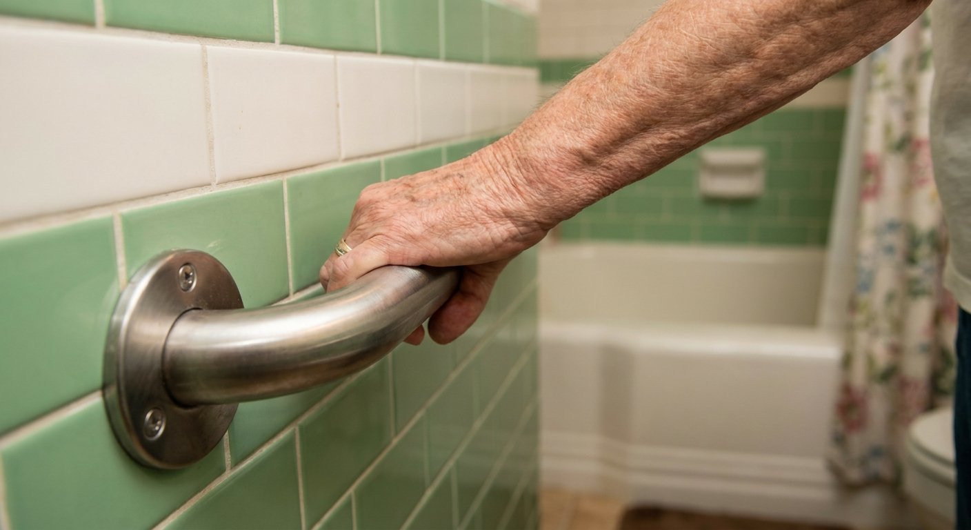 Properly installed stainless grab bar beside a bathtub in a Kimberly WI vintage bathroom — Dodd Home Safety