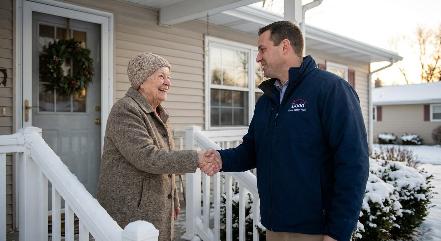 Dodd Home Safety consultant greeting a senior woman at her Kimberly, WI front door to begin a fall prevention assessment