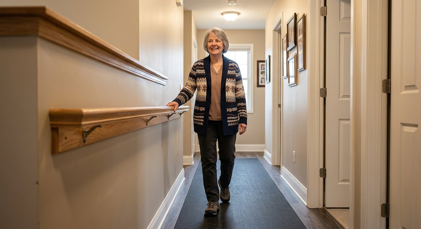 Senior woman using professionally installed handrail in her Kimberly WI home supplied by Dodd Home Safety adaptive equipment supplier