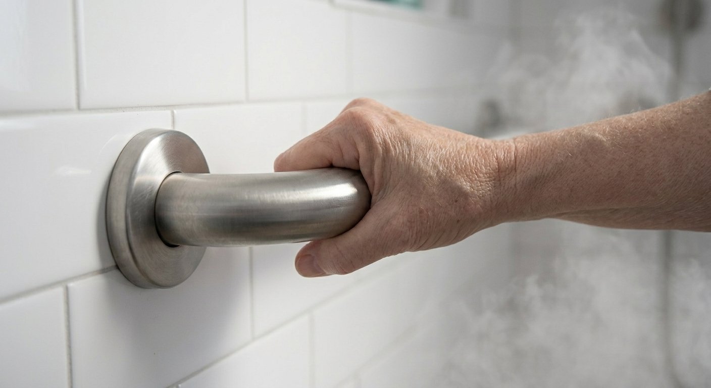Senior woman using a grab bar to safely exit a shower in a Kimberly, WI home during winter