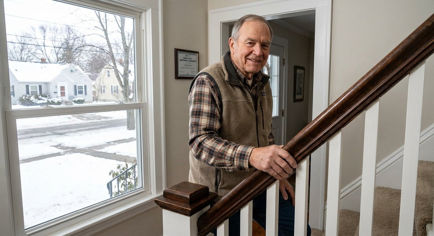 Senior man confidently using a properly installed stair railing in a Kimberly, WI home following a fall prevention assessment and home modification by Dodd Home Safety