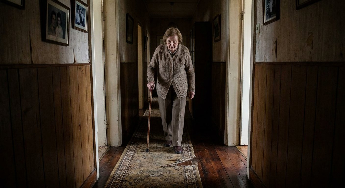 Senior woman navigating a hazardous hallway transition in an older Kimberly WI home