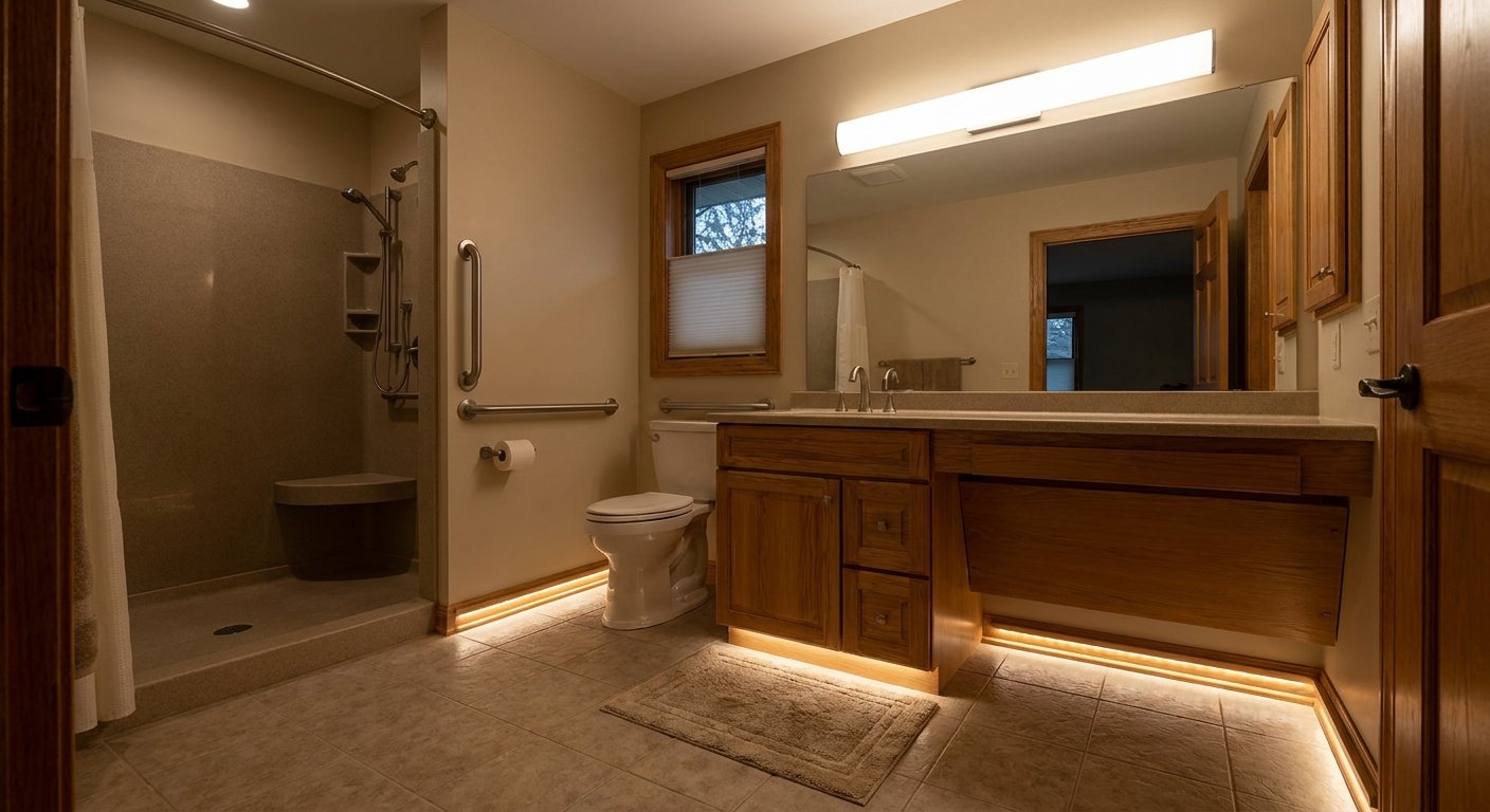 Senior-friendly bathroom lighting upgrade in Kimberly, WI with motion-sensor floor lights and glare-free LED vanity fixtures
