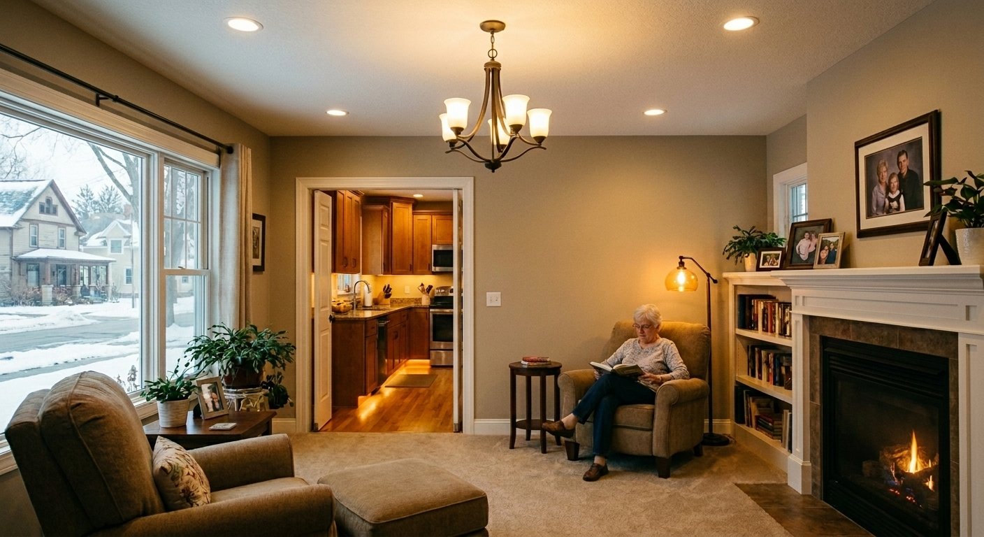 Senior-friendly layered lighting upgrade in a Fox Valley Wisconsin home showing ambient, task, and accent lighting for aging in place