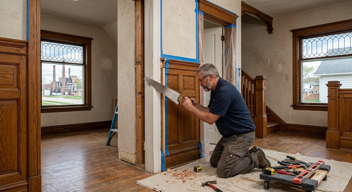 Contractor widening doorway in historic Kimberly, WI home near old paper mill site for senior accessibility