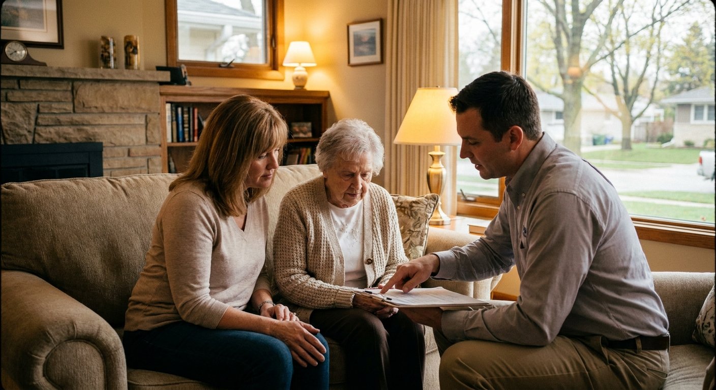 Dodd Home Safety specialist discussing a senior home safety assessment with a family in Kimberly, WI