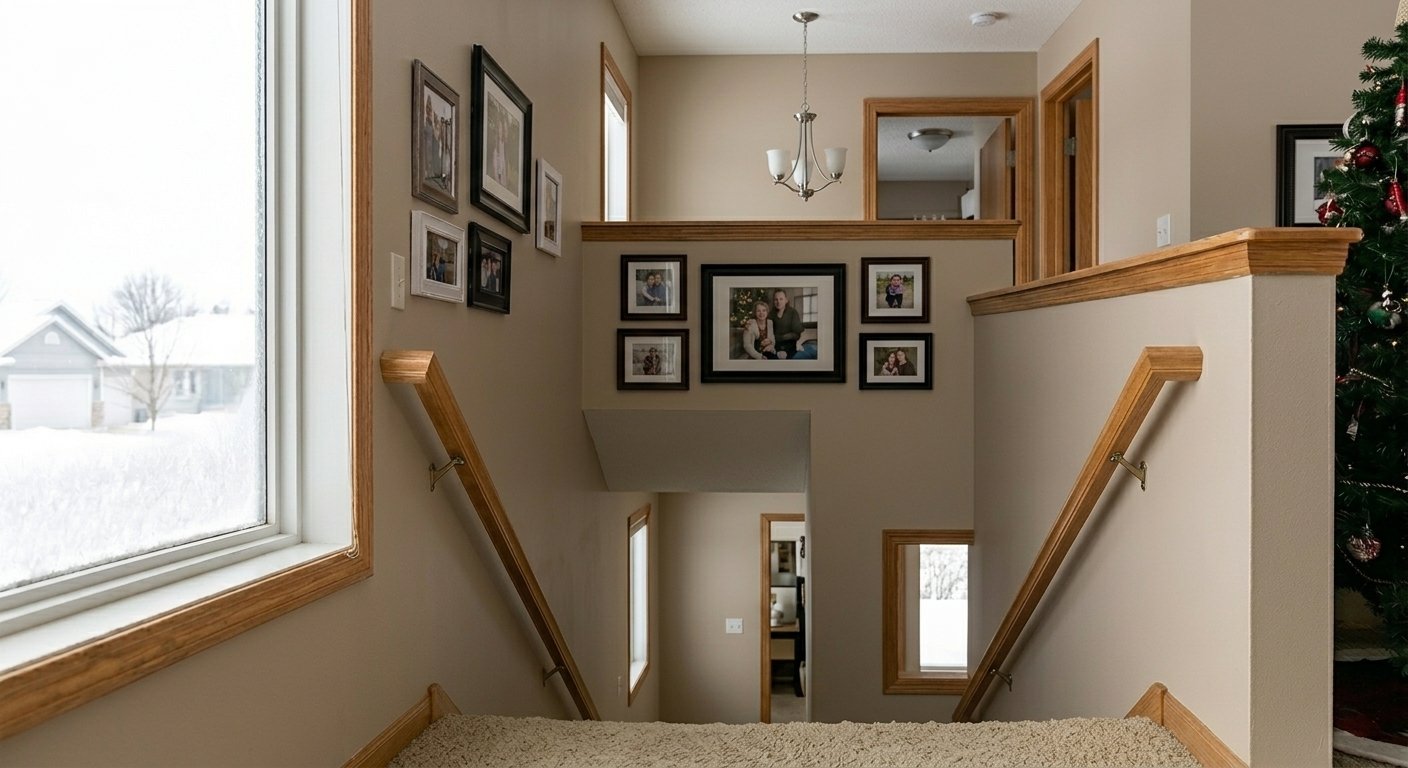 Senior woman using an easy-operate safety gate on her staircase in a Kimberly, WI home during winter