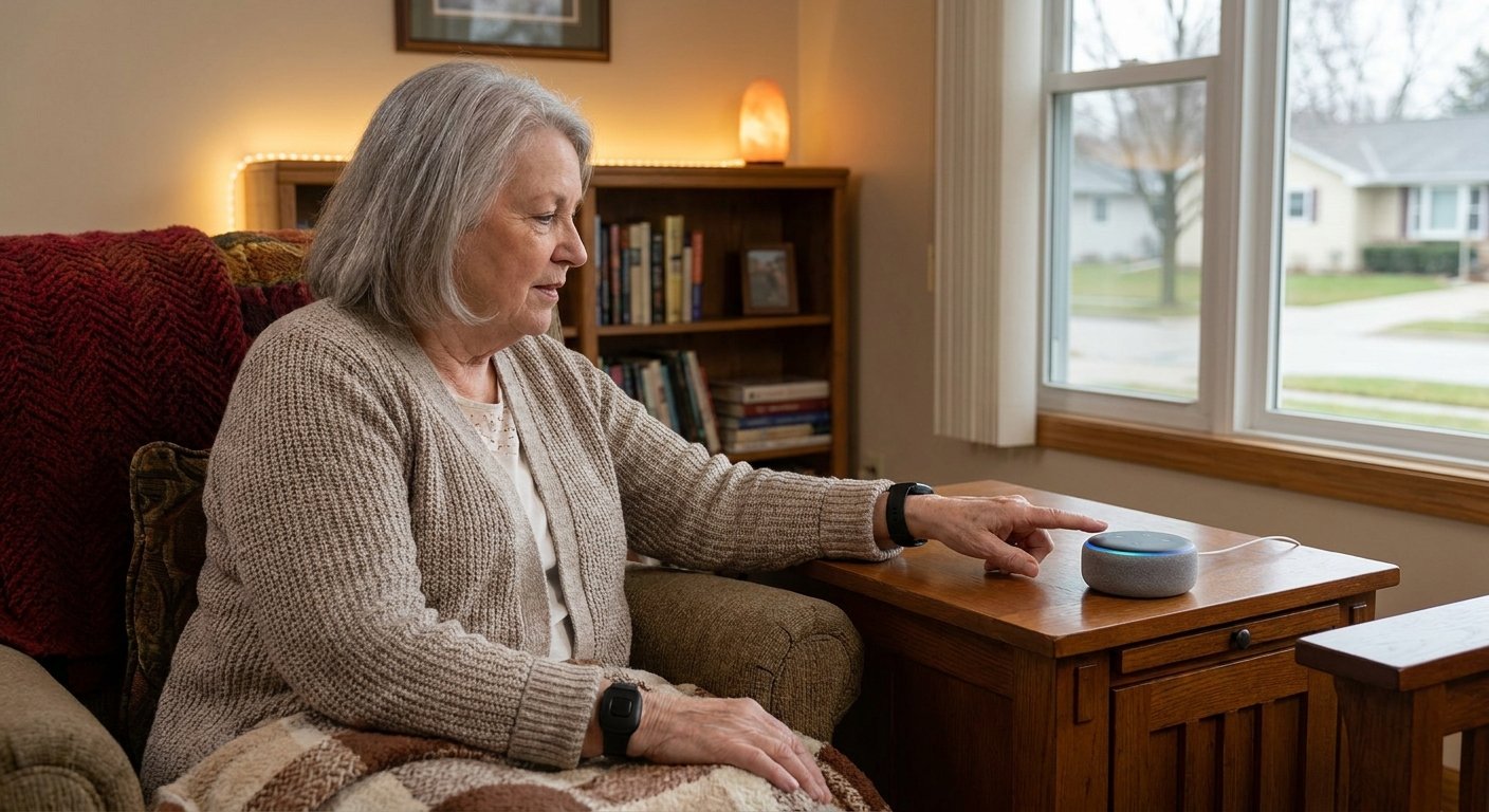 Senior using voice-activated assistant and wearable technology during smart home installation in Kimberly, WI