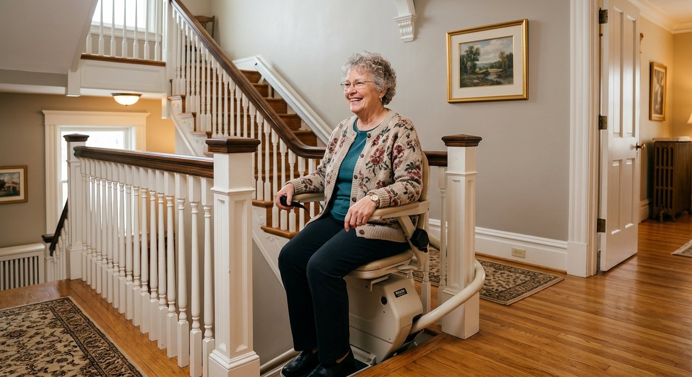 Senior woman safely riding a stairlift installed by Dodd Home Safety in a traditional Kimberly, WI home interior