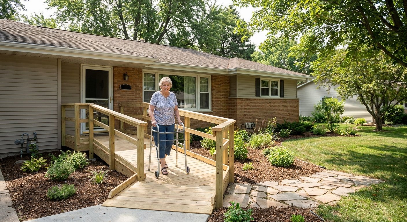 Senior woman using a walker on a newly installed wheelchair ramp at her Kimberly, WI home installed by Dodd Home Safety