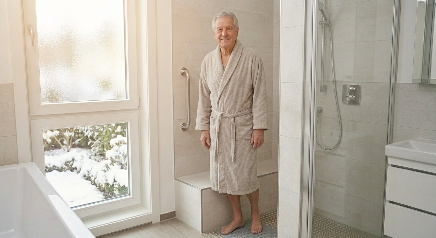 Senior man confidently using an installed shower grab bar in a Kimberly, WI bathroom in winter