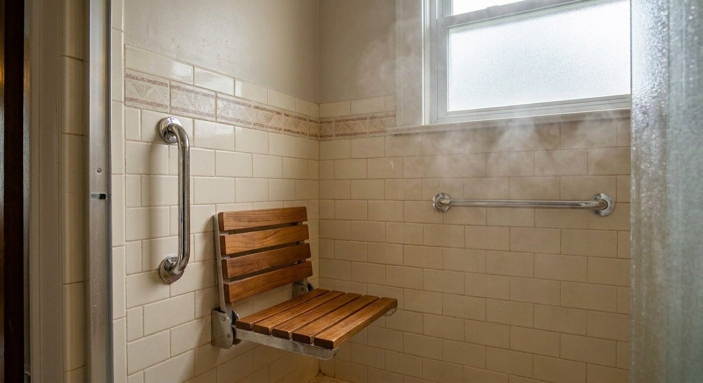 Fold-down shower seat and grab bar installation in a Kimberly, WI bathroom by Dodd Home Safety