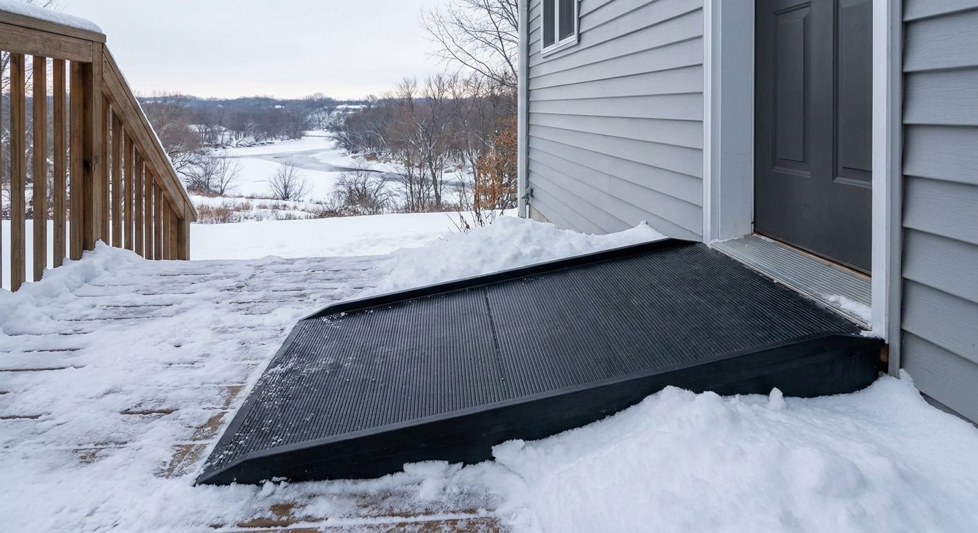 Slip-resistant threshold ramp surface at Kimberly WI home during Fox Valley winter conditions