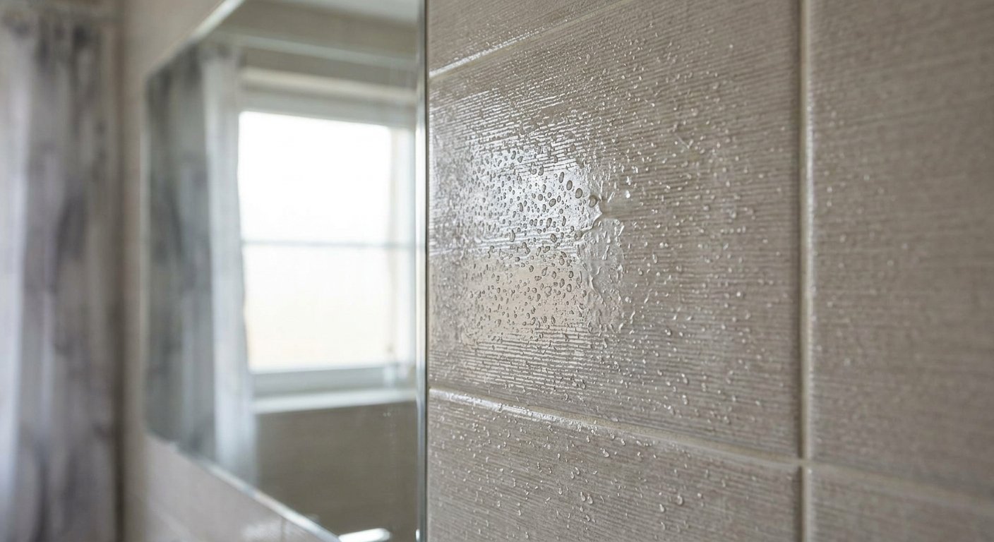 Close-up of slip-resistant tile treatment on wet bathroom floor in Kimberly WI home