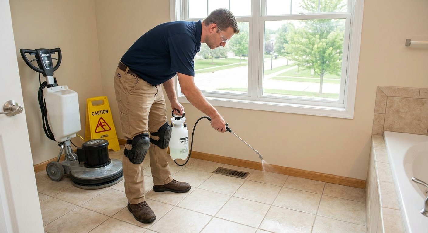 Licensed contractor applying slip-resistant tile treatment to bathroom floor in Kimberly WI