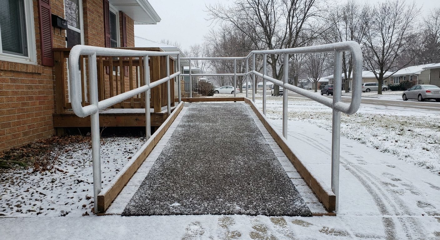 Slip-resistant wheelchair ramp installed at a Kimberly, WI home during winter with snow on the ground showing frost-depth footings and textured surface