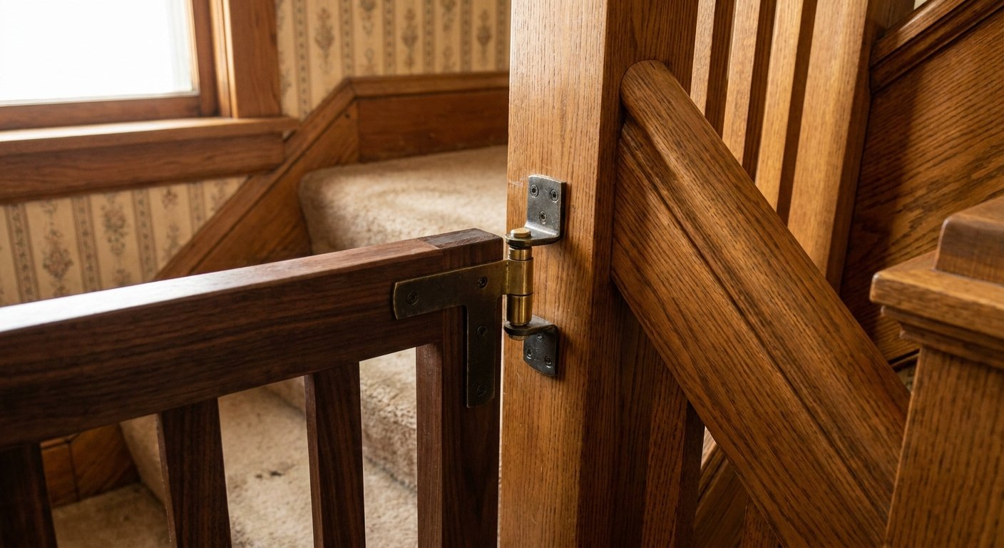 Custom stair gate assembly on an angled staircase railing in a historic Kimberly, WI home by Dodd Home Safety